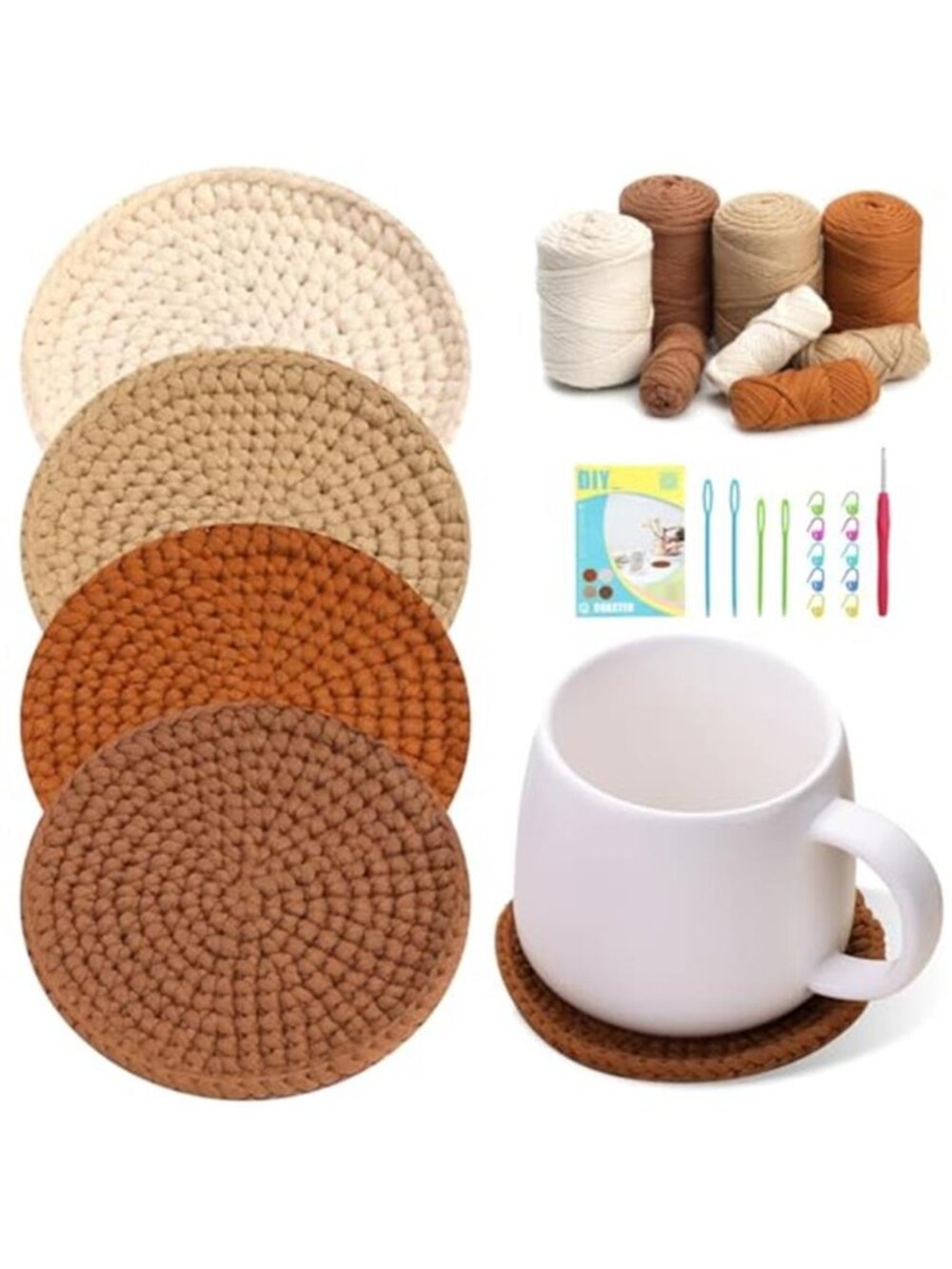 Crochet Kit for Beginners Adult DIY Coaster Making Set Yarn Hook Craft Supplies